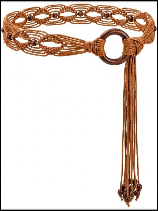 Boho Braided Western Belt with Hand-Woven Wax Rope Tassel